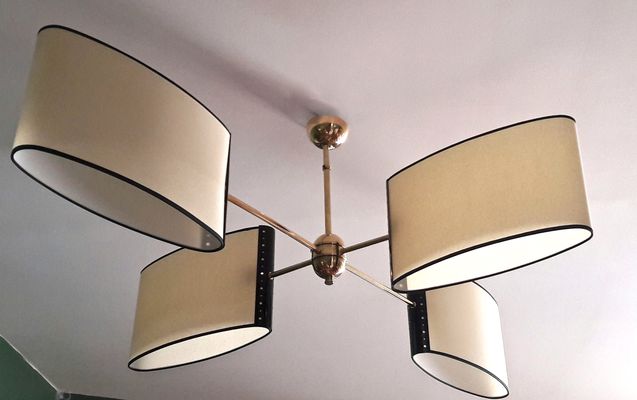 Lustre en laiton avec abat jour en papier, 1950s en vente sur pamono Lustres désign Papier