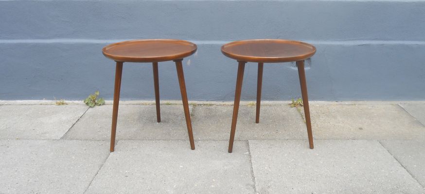 Round Three Legged Walnut Side Tables By Anton Kildeberg 1967 Round Three Legged Walnut Side Tables By Anton Kildeberg 1967 Set Of 2