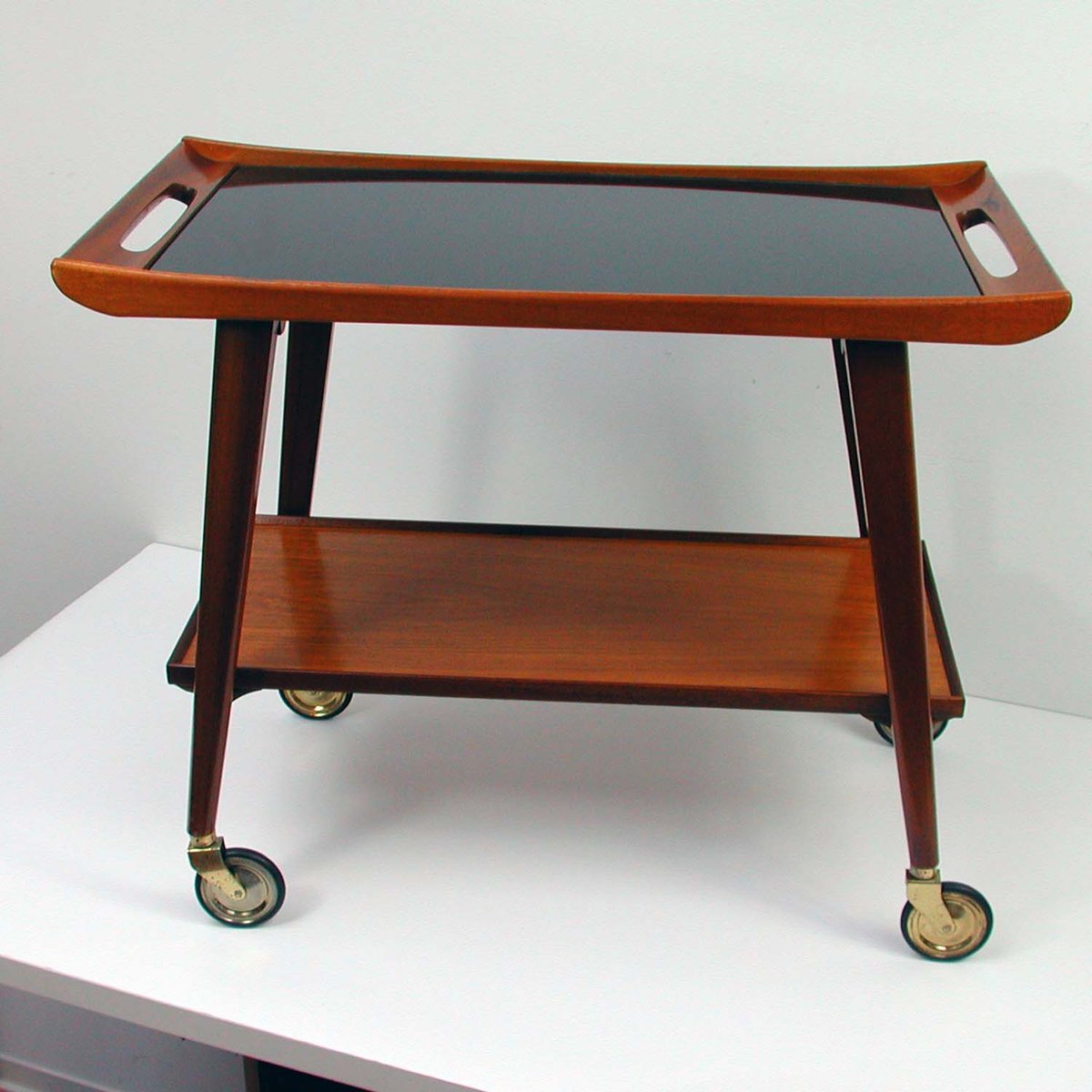 German Teak And Black Glass Serving Bar Cart From Opal Mbel