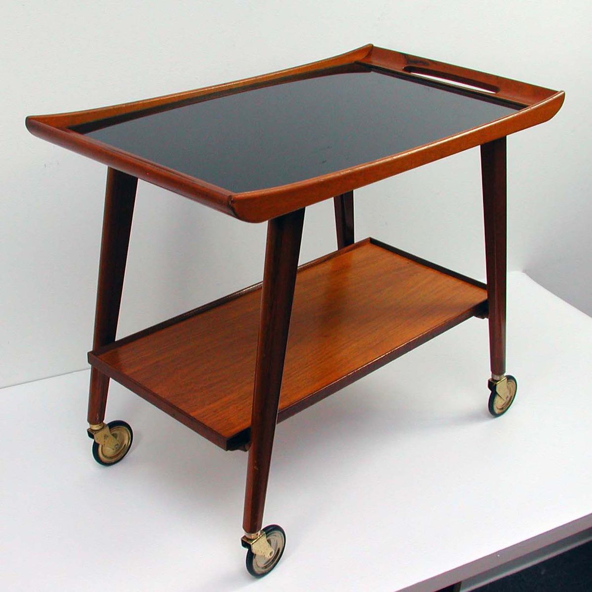 German Teak And Black Glass Serving Bar Cart From Opal Mbel