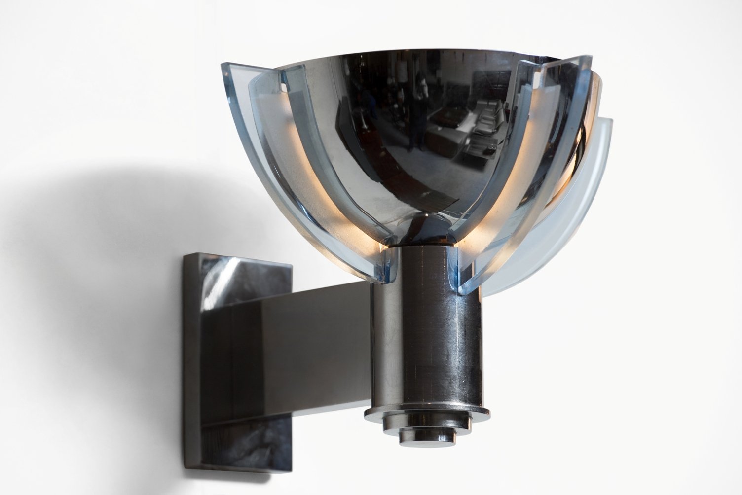 Vintage Art Deco Chrome & Blue Glass Wall Sconce for sale at Pamono