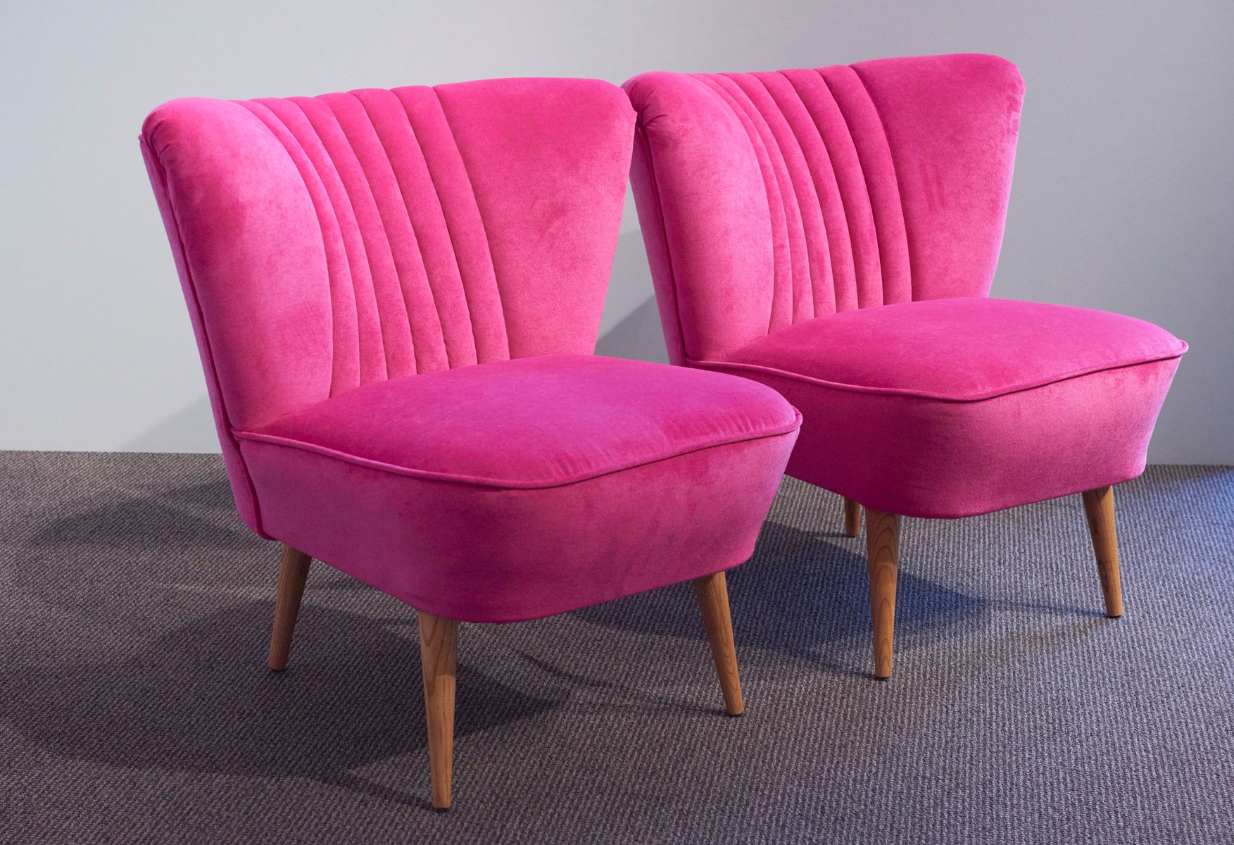 German Shell Back Pink Velvet Cocktail Chairs, 1950s, Set