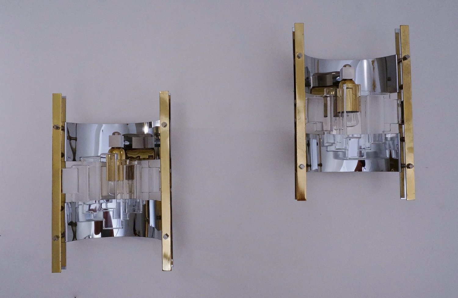 Italian Brass, Chrome and Glass Wall Lights by Gaetano Sciolari, 1970s, Set of 2 for sale at Pamono
