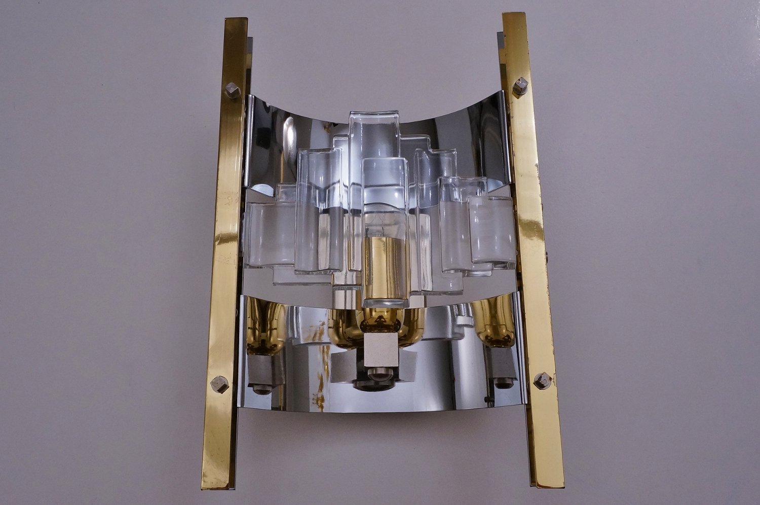 Italian Brass, Chrome and Glass Wall Lights by Gaetano Sciolari, 1970s, Set of 2 for sale at Pamono