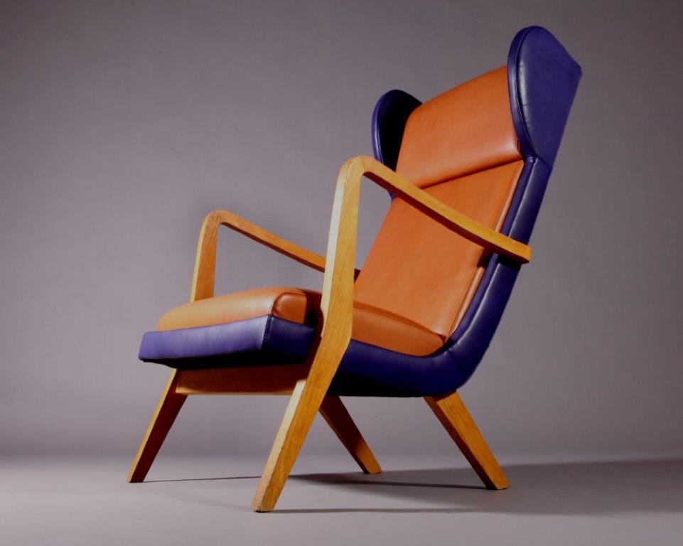 Italian Brown and Blue Leather Armchair for sale at Pamono
