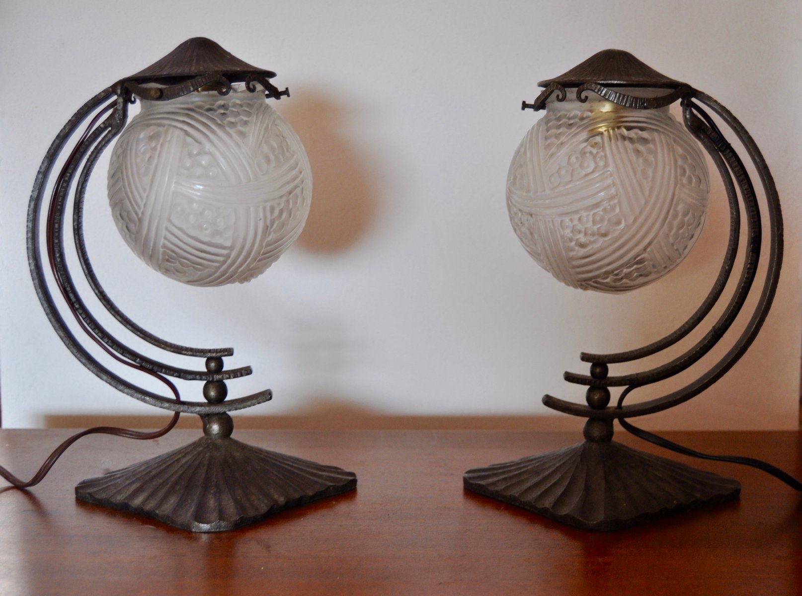 Vintage French Wrought Iron Art Deco Table Lamps, Set of 2 for sale at