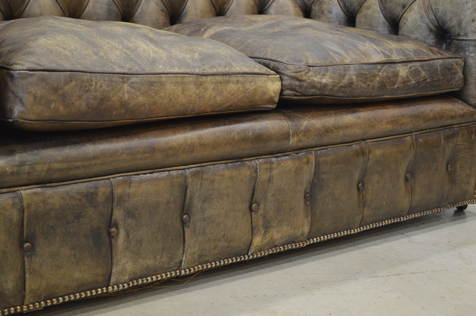 Vintage English Dark Brown Leather Chesterfield Two Seater Sofa