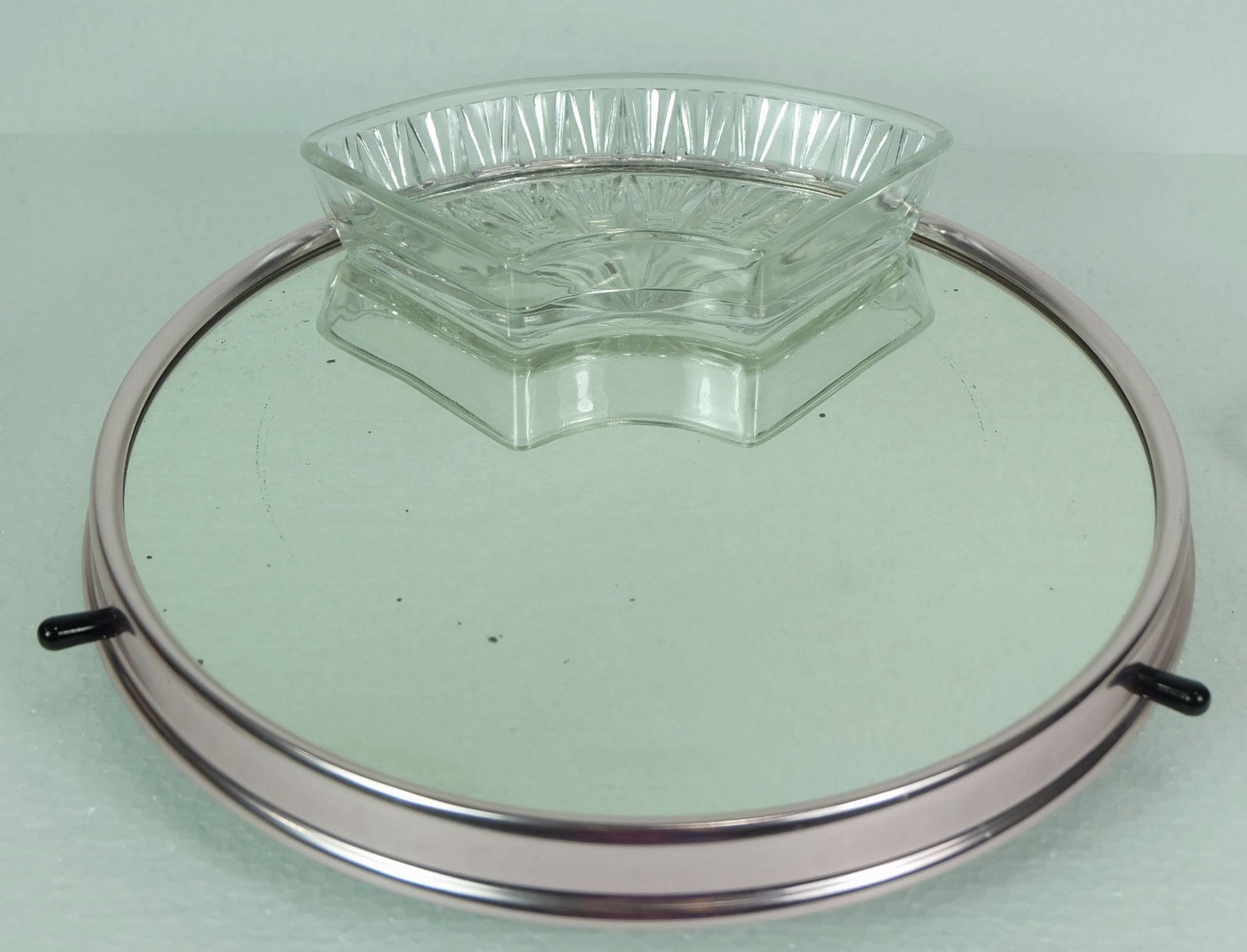 Vintage Art Deco Glass & Aluminium Lazy Susan Relish Server on Rotating