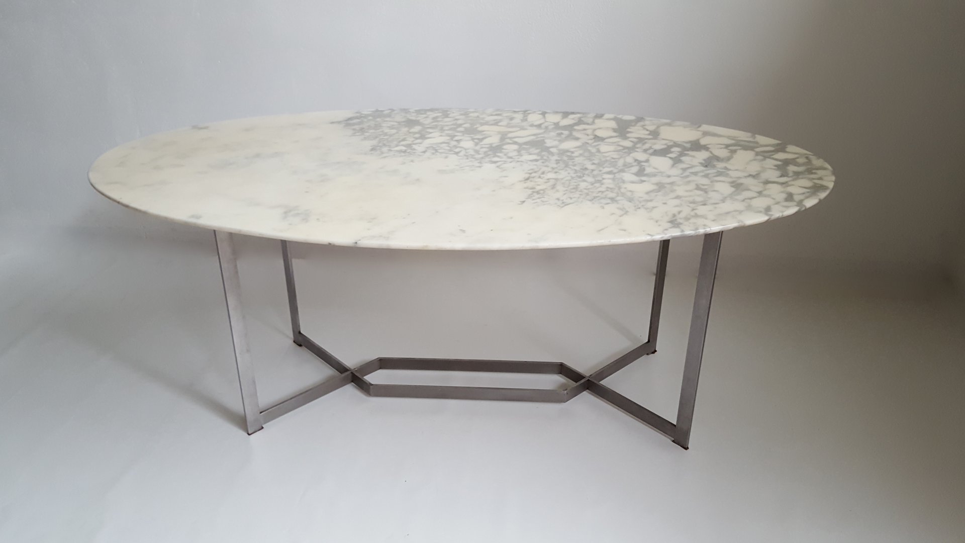 French Oval Marble amp; Stainless Steel Dining Table by Paul Legeard 