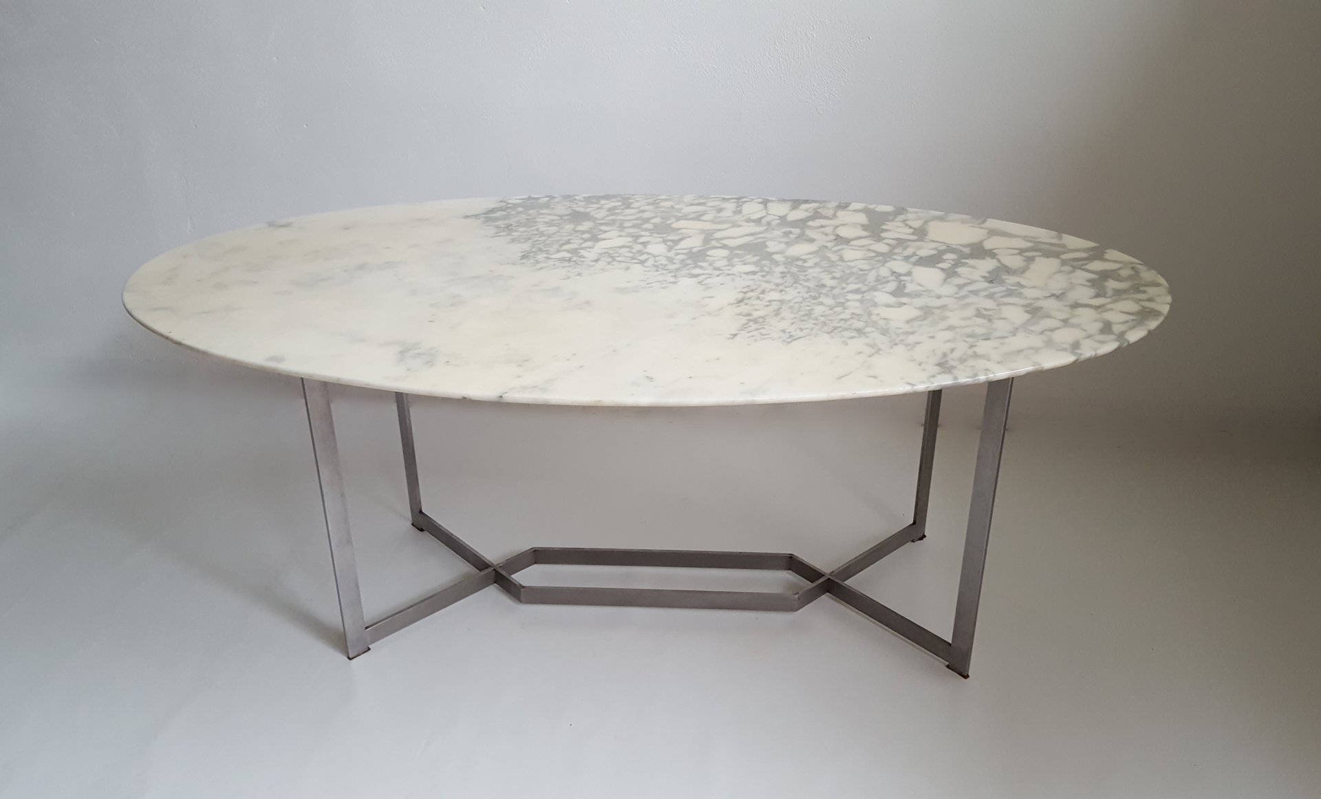 French Oval Marble amp; Stainless Steel Dining Table by Paul Legeard 