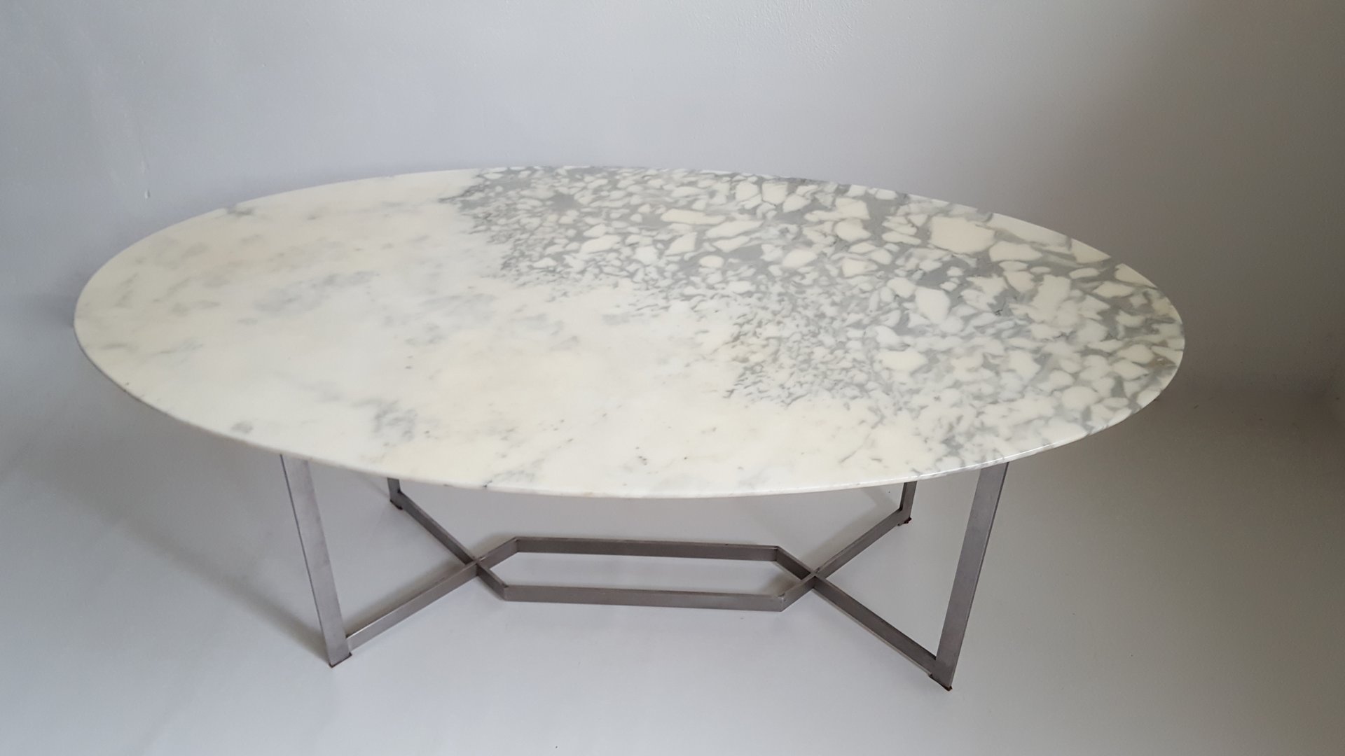 French Oval Marble & Stainless Steel Dining Table by Paul Legeard 