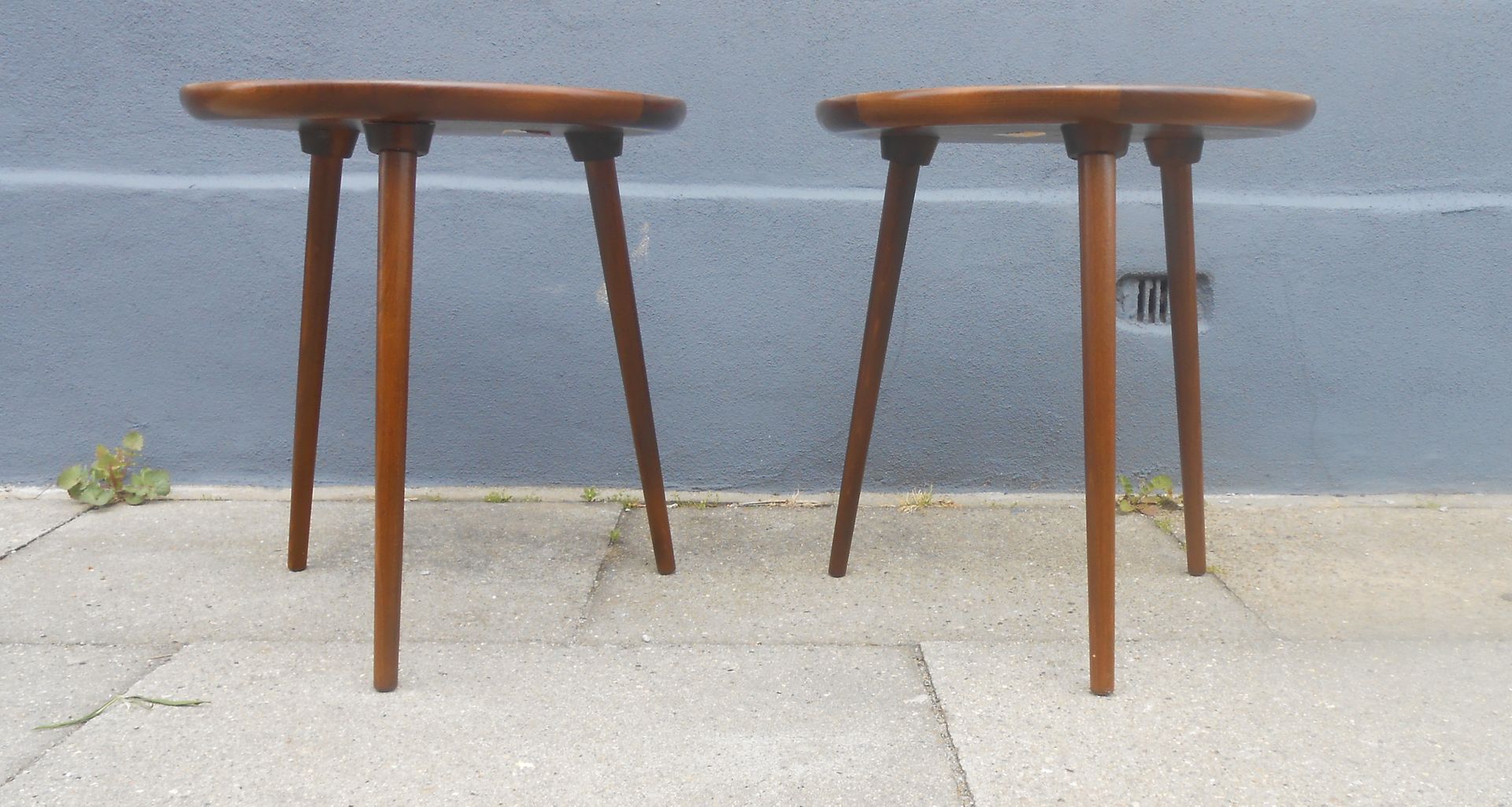 Round Three Legged Walnut Side Tables By Anton Kildeberg 1967 Round Three Legged Walnut Side Tables By Anton Kildeberg 1967 Set Of 2