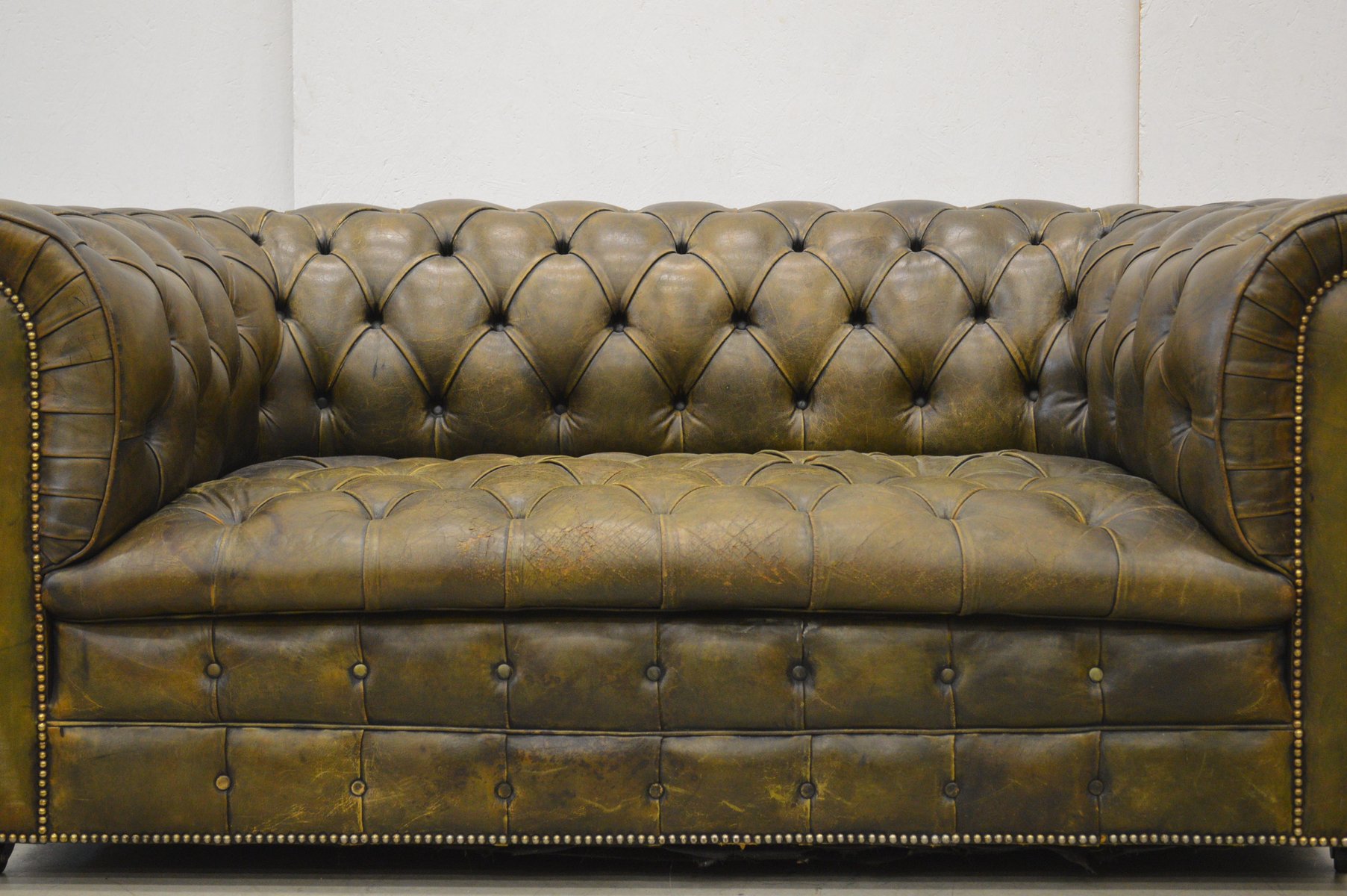English Olive Green Leather Chesterfield Two Seater Sofa 1960s