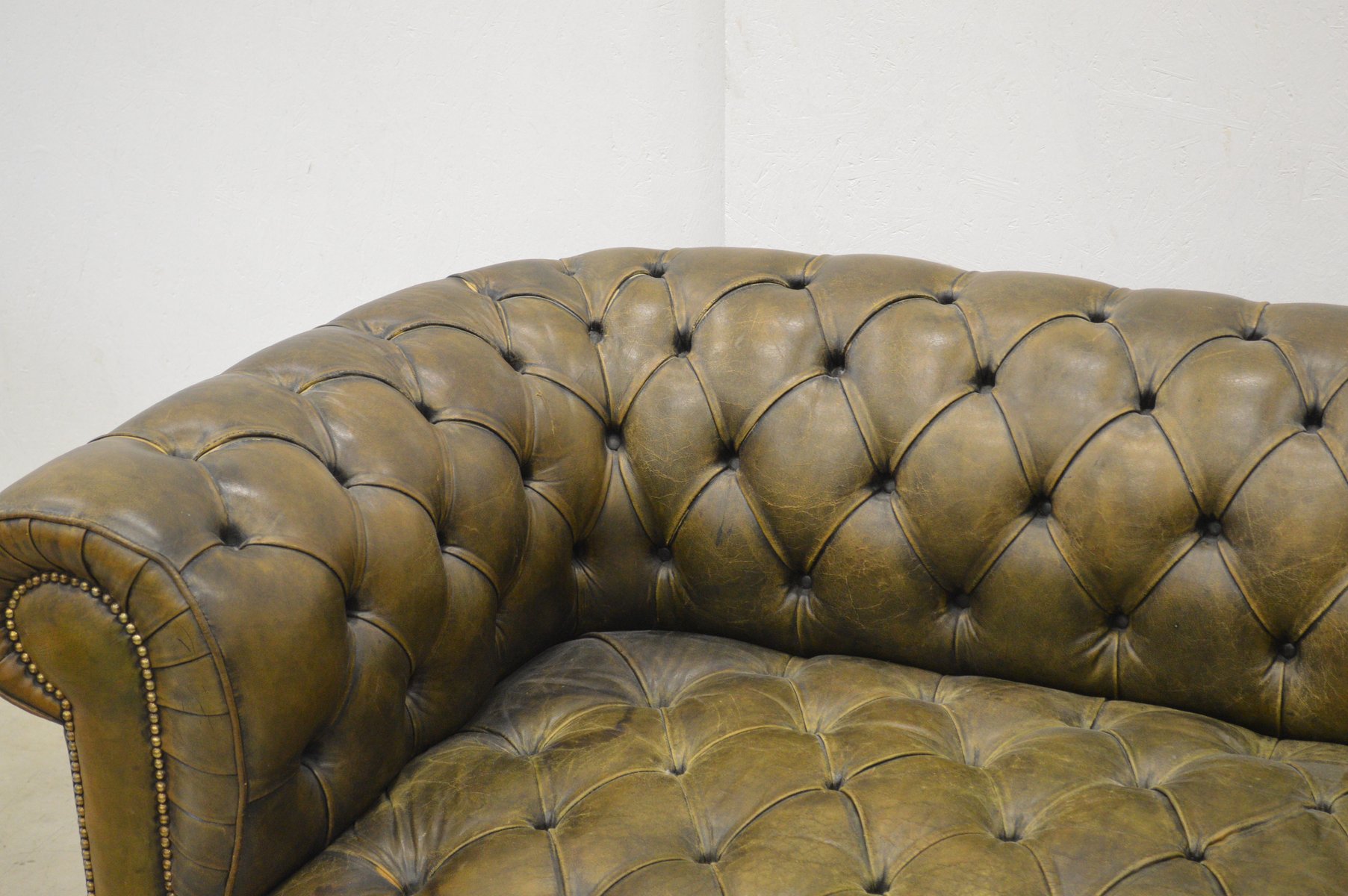 English Olive Green Leather Chesterfield Two Seater Sofa 1960s