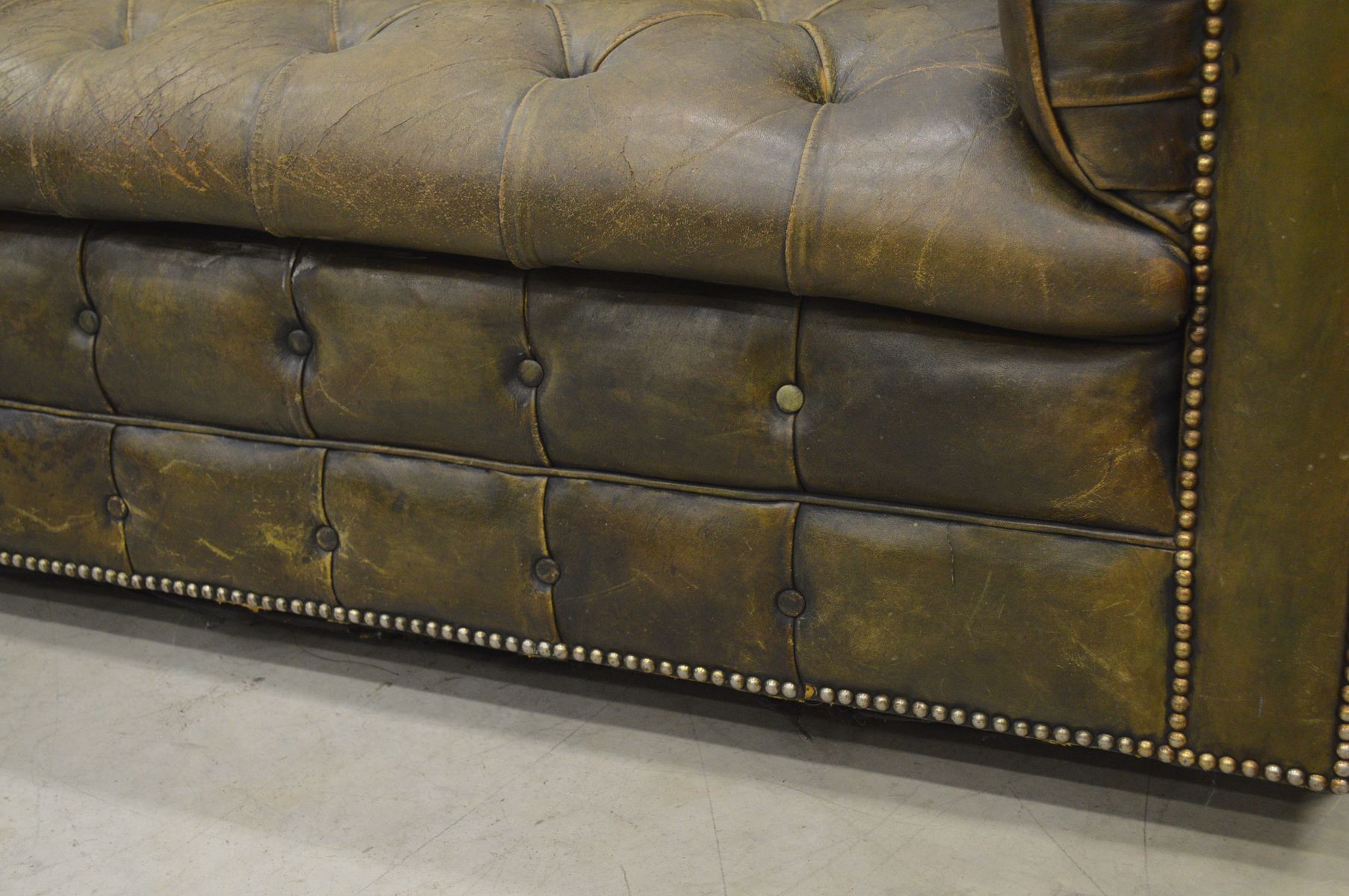 English Olive Green Leather Chesterfield Two Seater Sofa 1960s