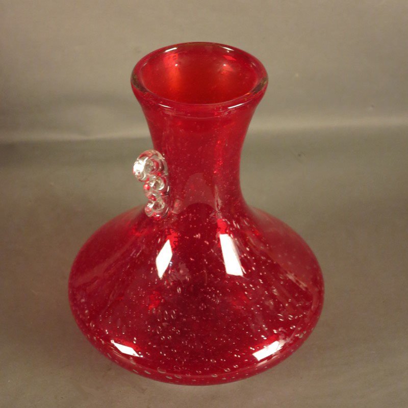Vintage Red Glass Vase with Handle from Murano, 1950s for sale at Pamono