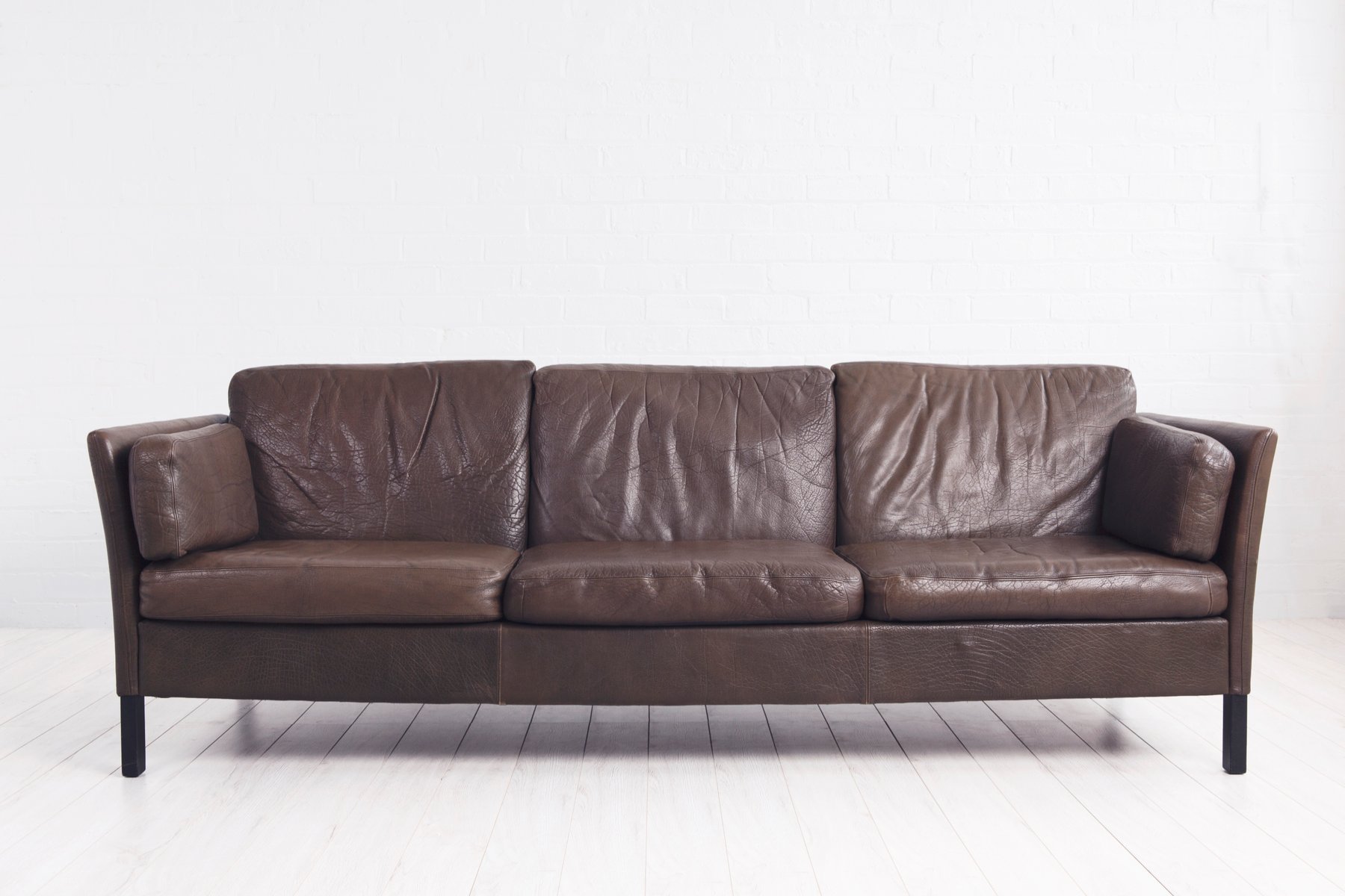 Mid Century Danish Brown Leather 3 Seater Sofa for sale at Pamono