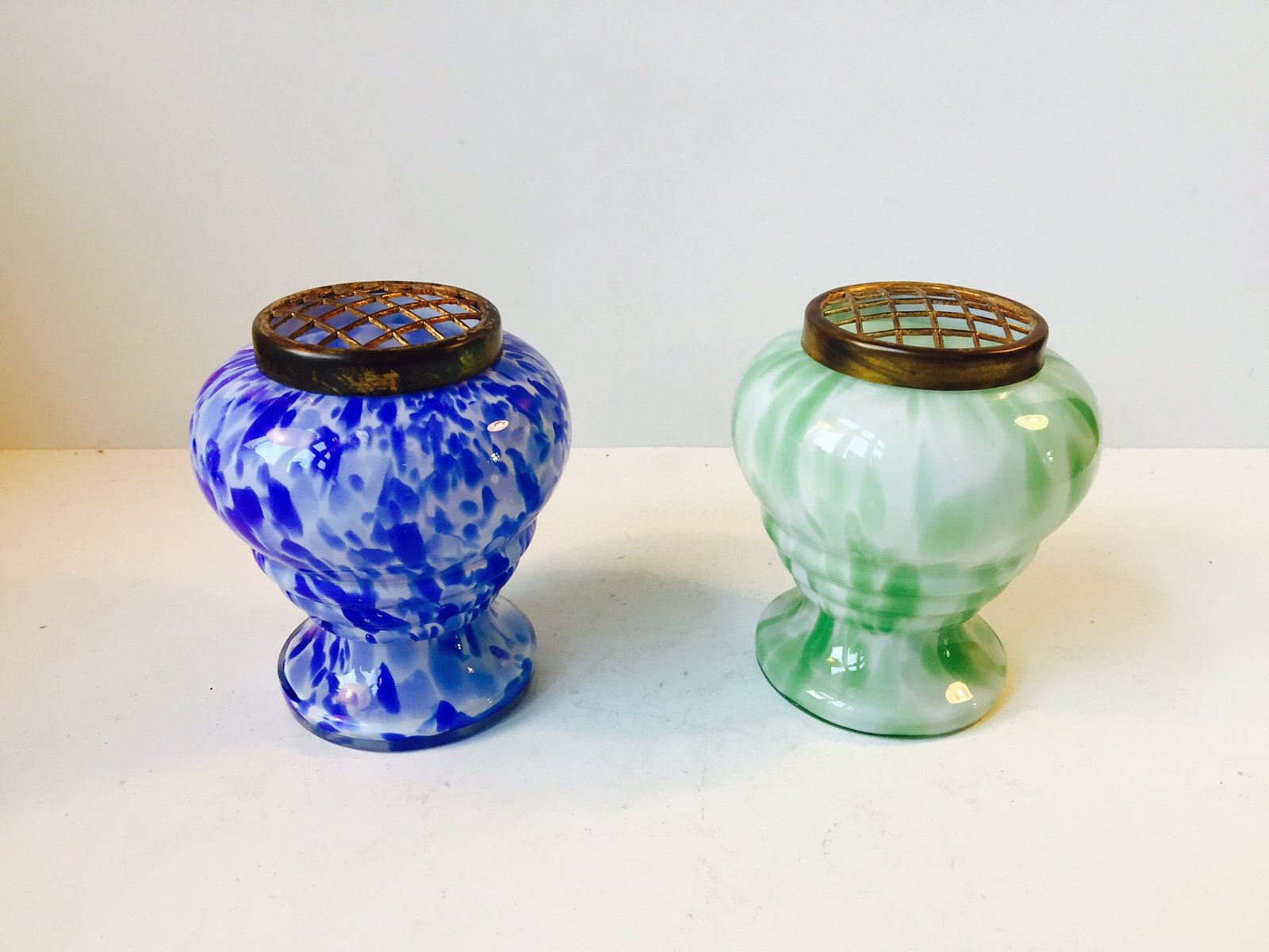 Czech Art Glass Vases With Brass Wire Mesh By Ruckl Set Of For - Price Per Set czech art glass vases with brass wire mesh by ruckl set of for - price per set