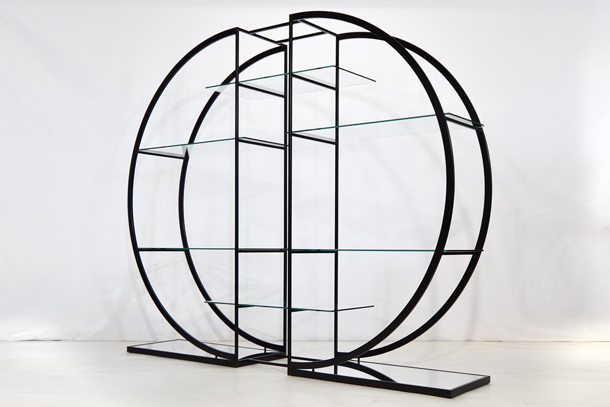 Circular Black Etagere with Glass Display Shelves, 1980s for sale at Pamono