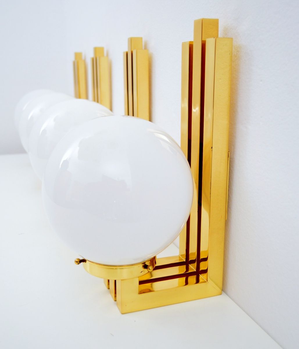 Appliques Murales Vintage Style Art Déco en Laiton et Verre, Set de 4