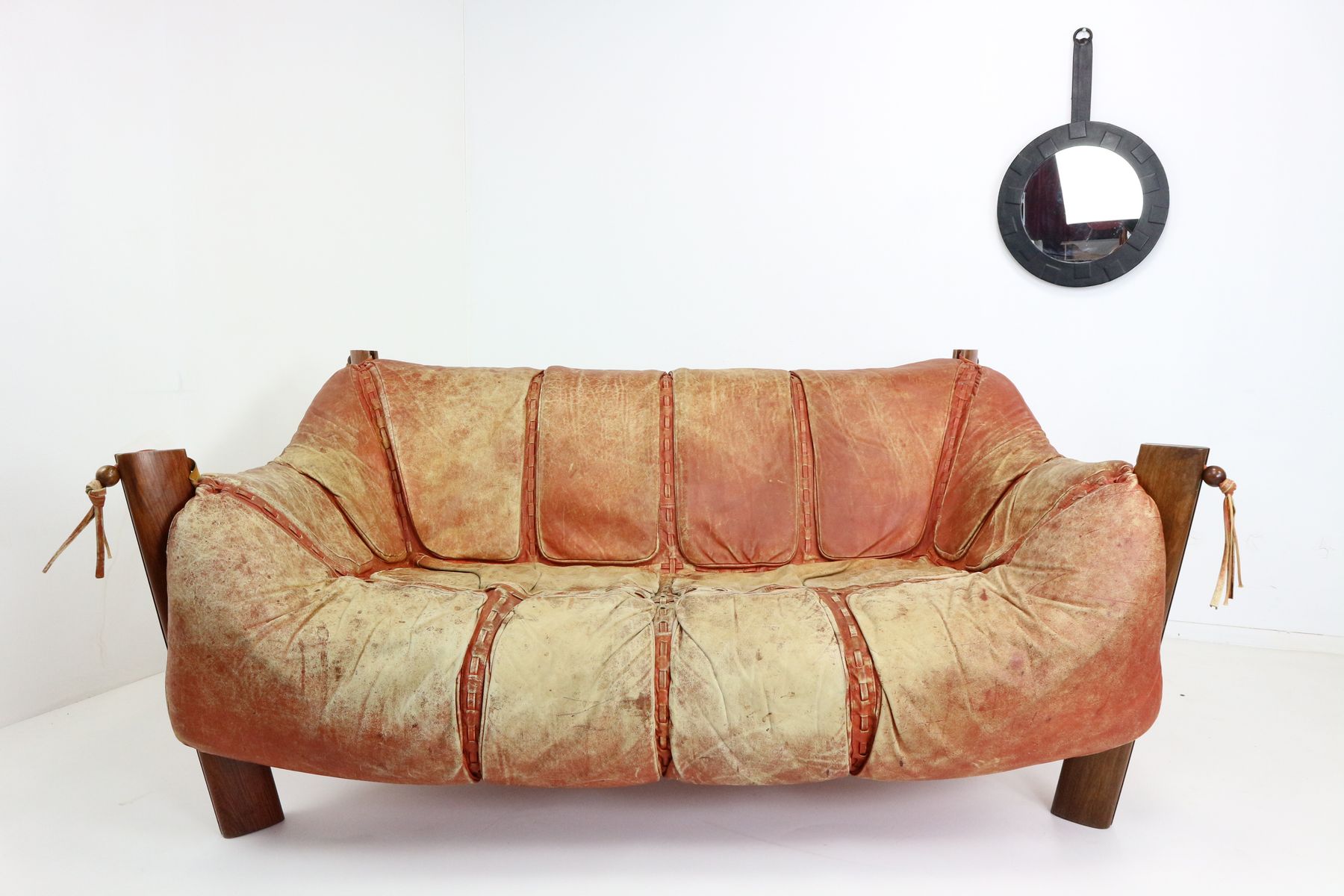 MP 211 Wood & Leather Two Seater Sofa by Percival Lafer 1974 for