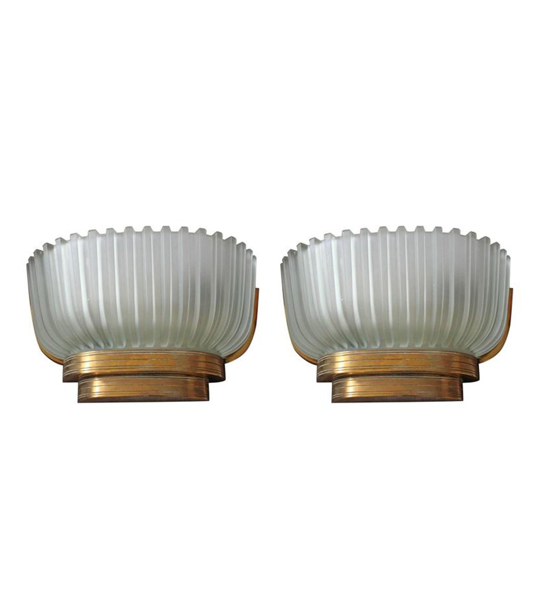 Italian Glass and Brass Wall Lights, 1940s, Set of 2 for sale at Pamono