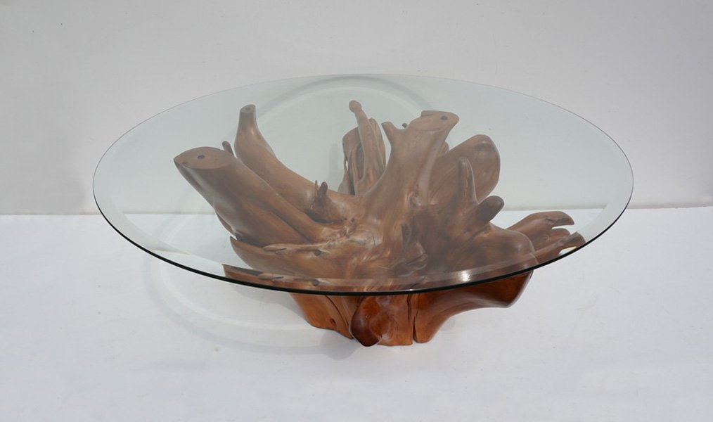 Mid-Century Teak Tree Root Coffee Table with Beveled Glass ...