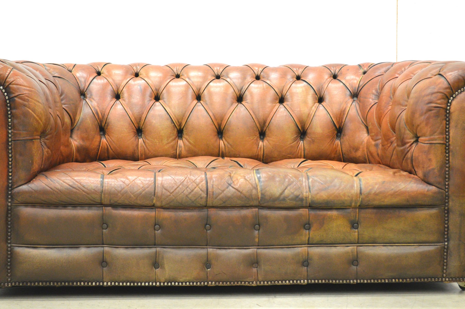 English Art Deco Cognac Leather Chesterfield Two Seater Sofa