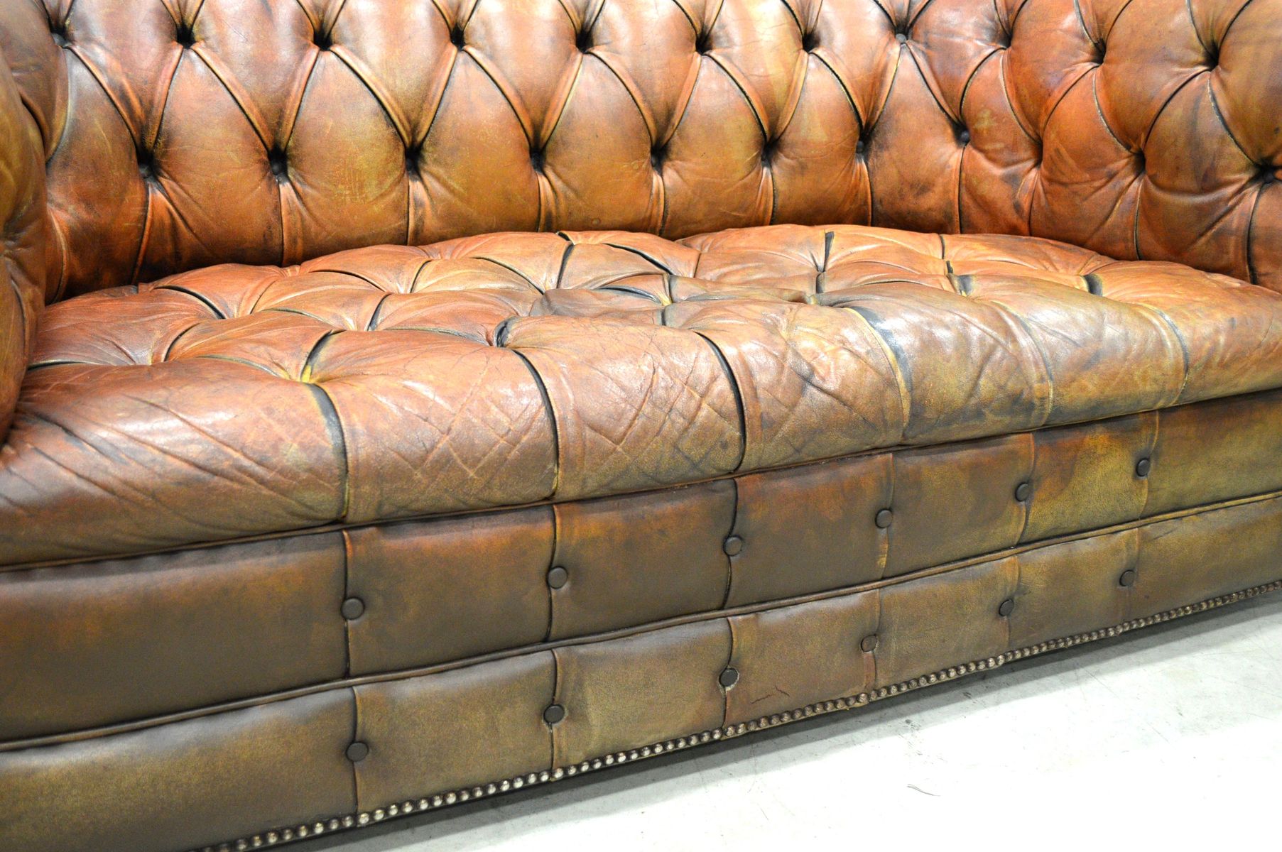 English Art Deco Cognac Leather Chesterfield Two Seater Sofa