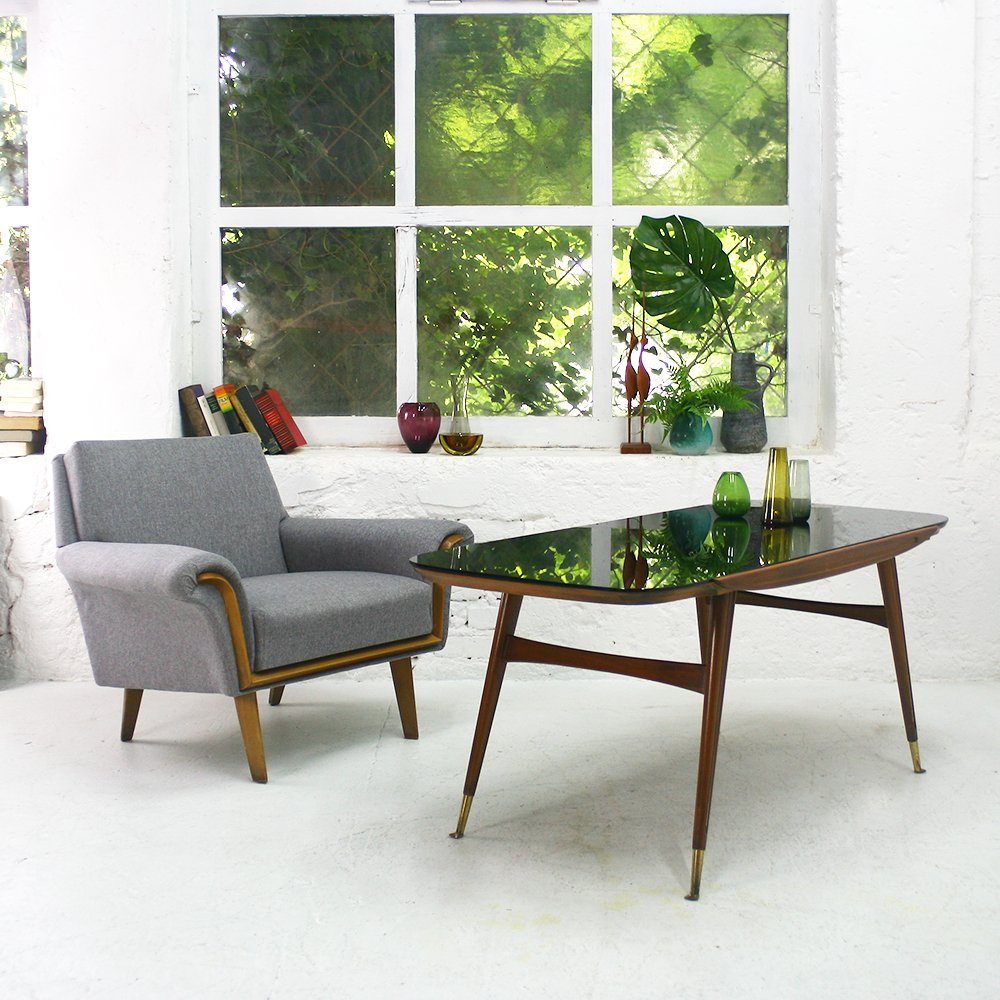 Walnut Coffee Table With Black Glass Top From Ilse Möbel