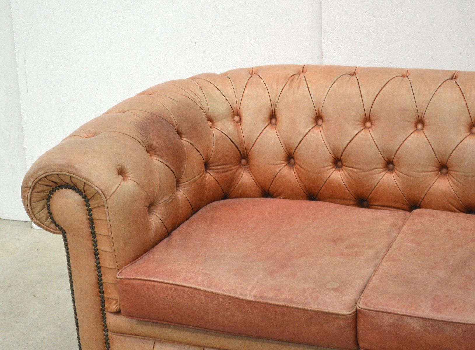 English Rosé Cognac Leather Chesterfield Two Seater Sofa 1960s
