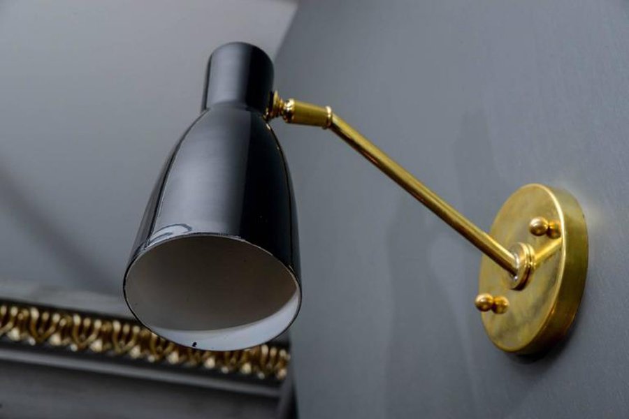 Vintage Brushed Brass and Black Cone Wall Lights, Set of 4 for sale at Pamono