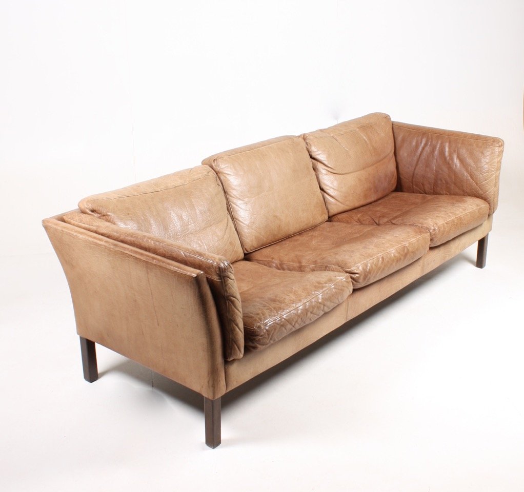 vintage danish three seater tan leather sofa 1970s 3