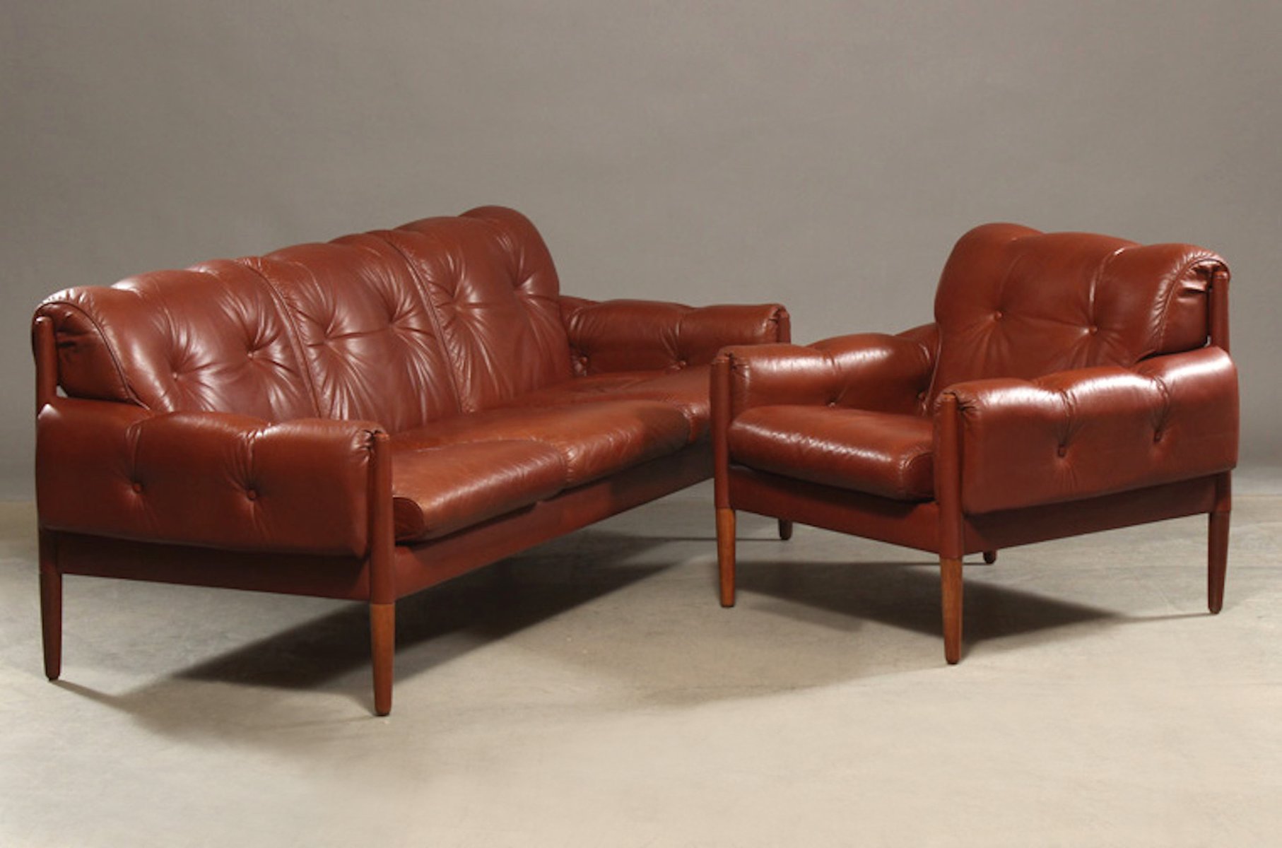 Mid Century Danish Brown Leather Sofa & Armchair 1960s for sale