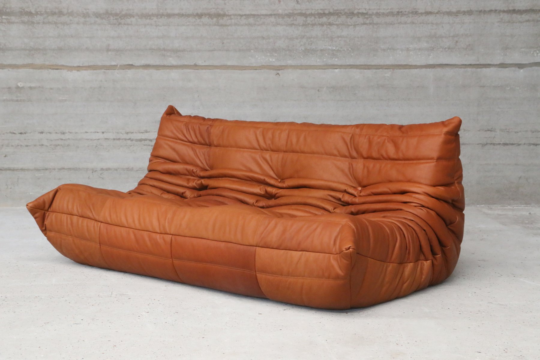 Vintage Togo Cognac Leather Three Seater Sofa by Michel Ducaroy