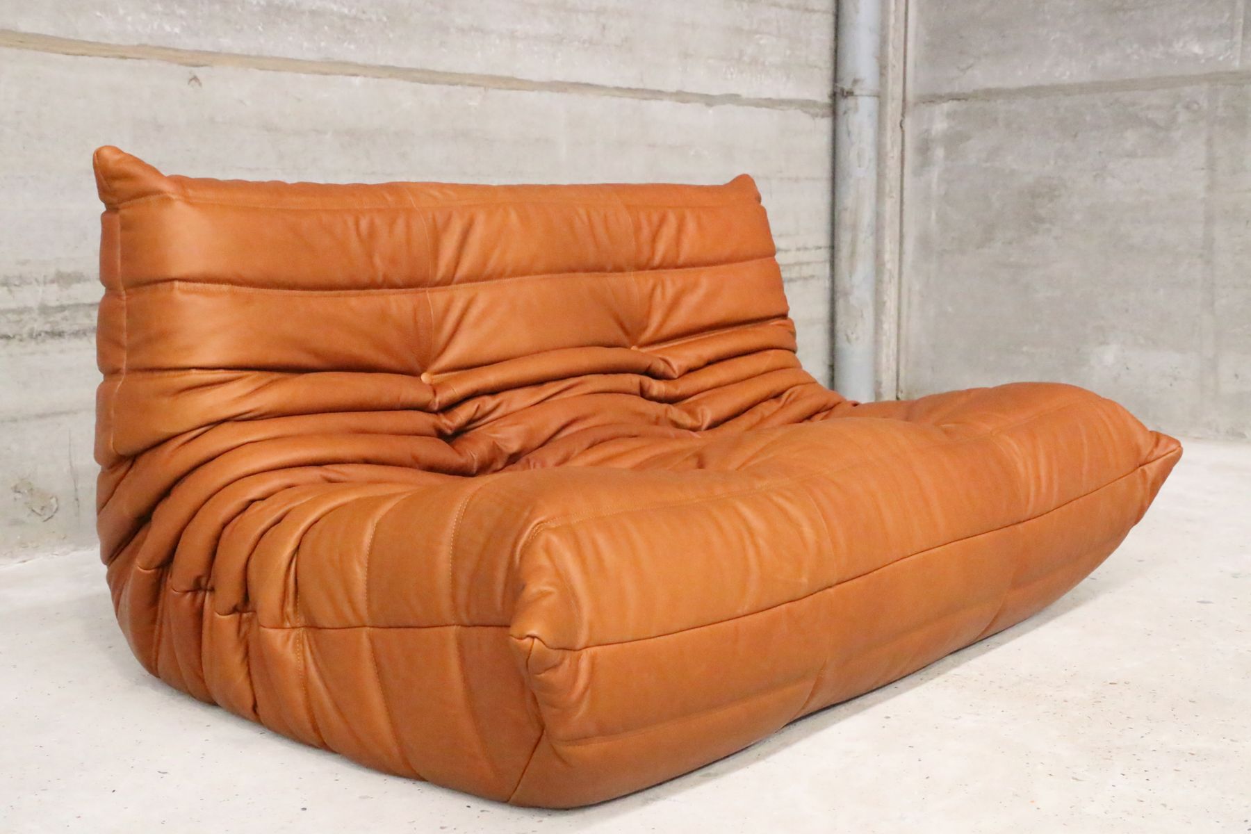 Vintage Togo Cognac Leather Two Seater Sofa by Michel Ducaroy for