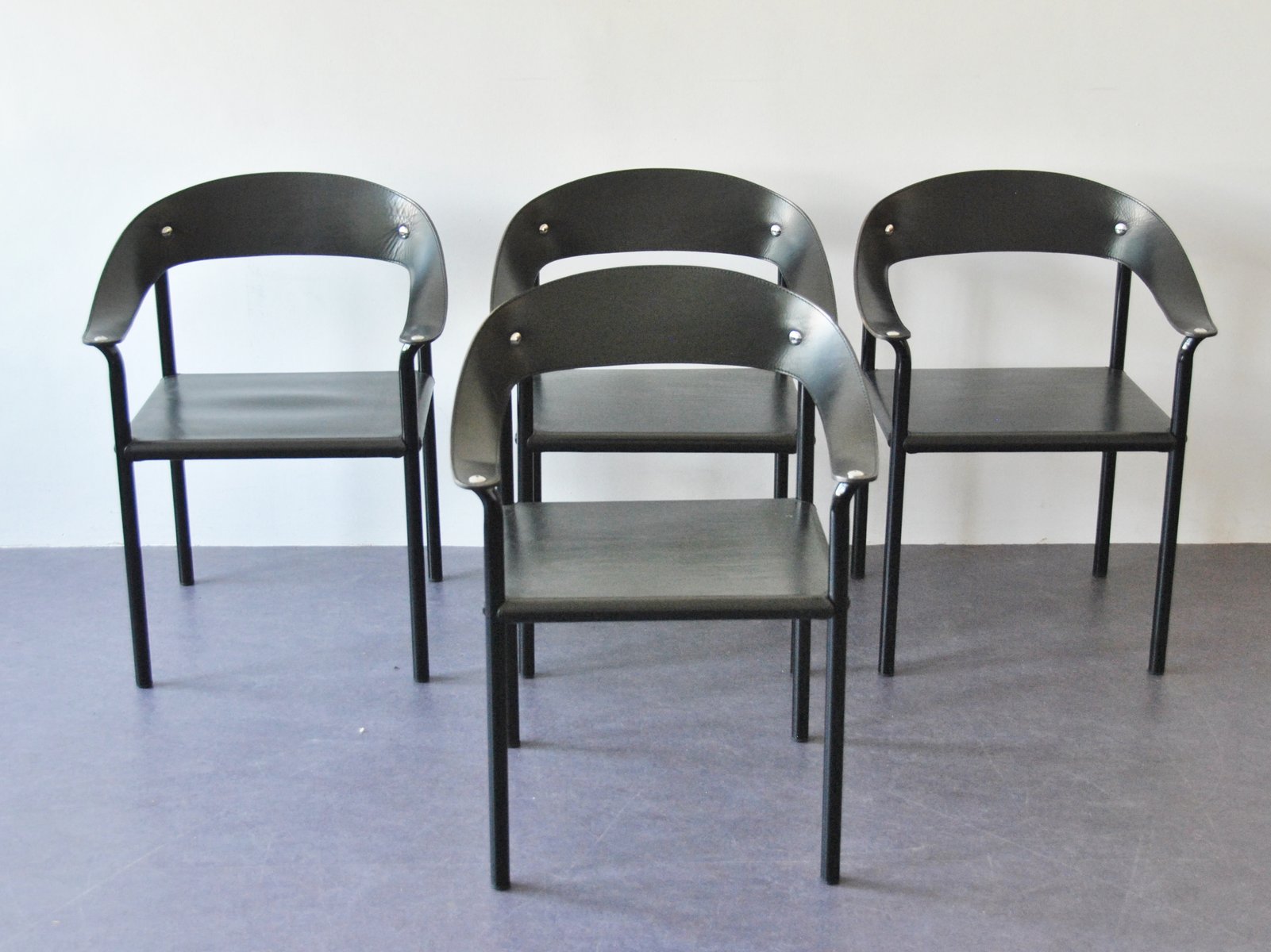 Vintage Black Leather Lacquered Metal Dining Chairs Set Vintage Black Leather Lacquered Metal Dining Chairs Set Of 4