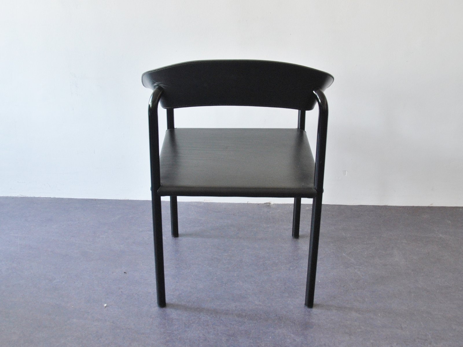 Vintage Black Leather & Black Lacquered Metal Dining Chairs, Set of 4