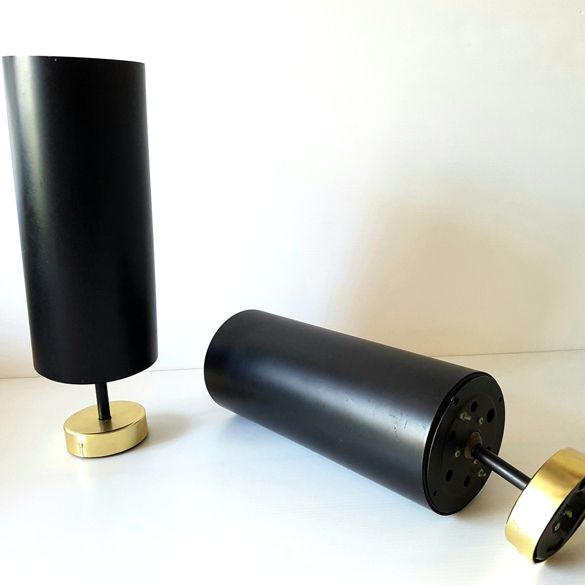 Brass & Black Metal Tube Wall Lamps, 1950s, Set of 2 for sale at Pamono