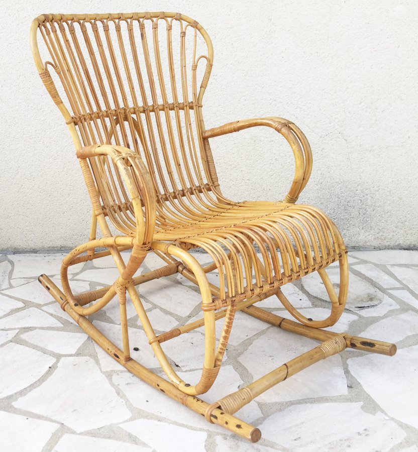 Vintage Rattan Rocking Chair, 1960s for sale at Pamono