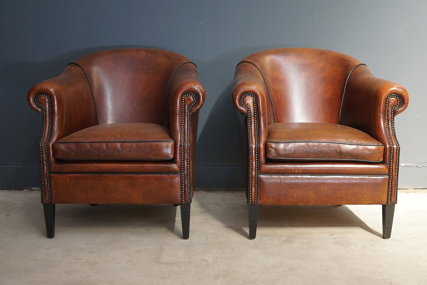 Vintage Cognac Leather Club Chairs Set of 2 for sale at 