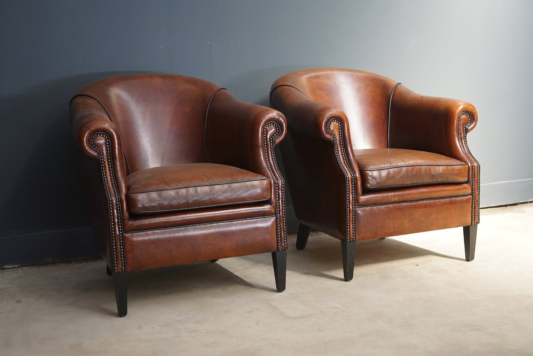 Vintage Cognac Leather Club Chairs Set Of 2 2 