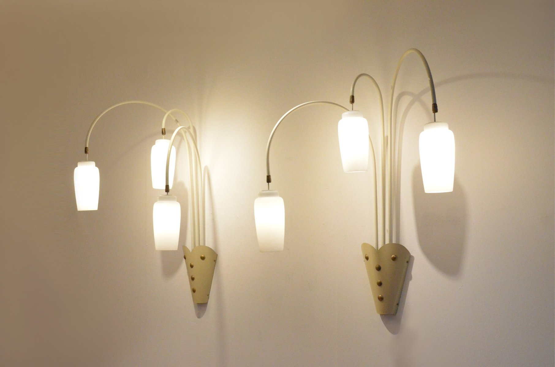 Large Cream & Gold Opalescent Glass Wall Sconces, 1950s, Set of 2 for sale at Pamono