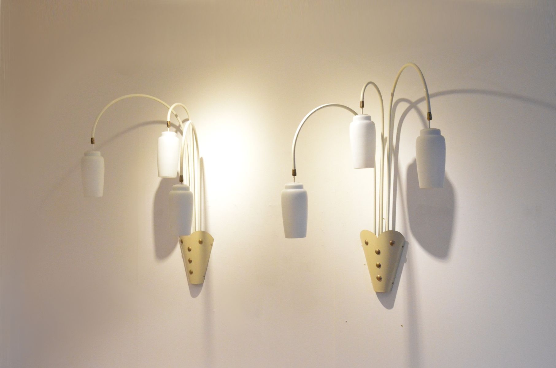 Large Cream & Gold Opalescent Glass Wall Sconces, 1950s, Set of 2 for sale at Pamono