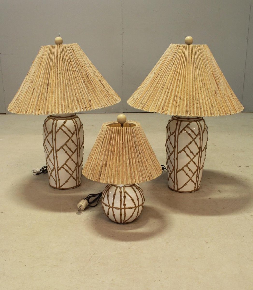 Vintage Hollywood Regency Chinoiserie Faux Bamboo Table Lamps, Set of 3