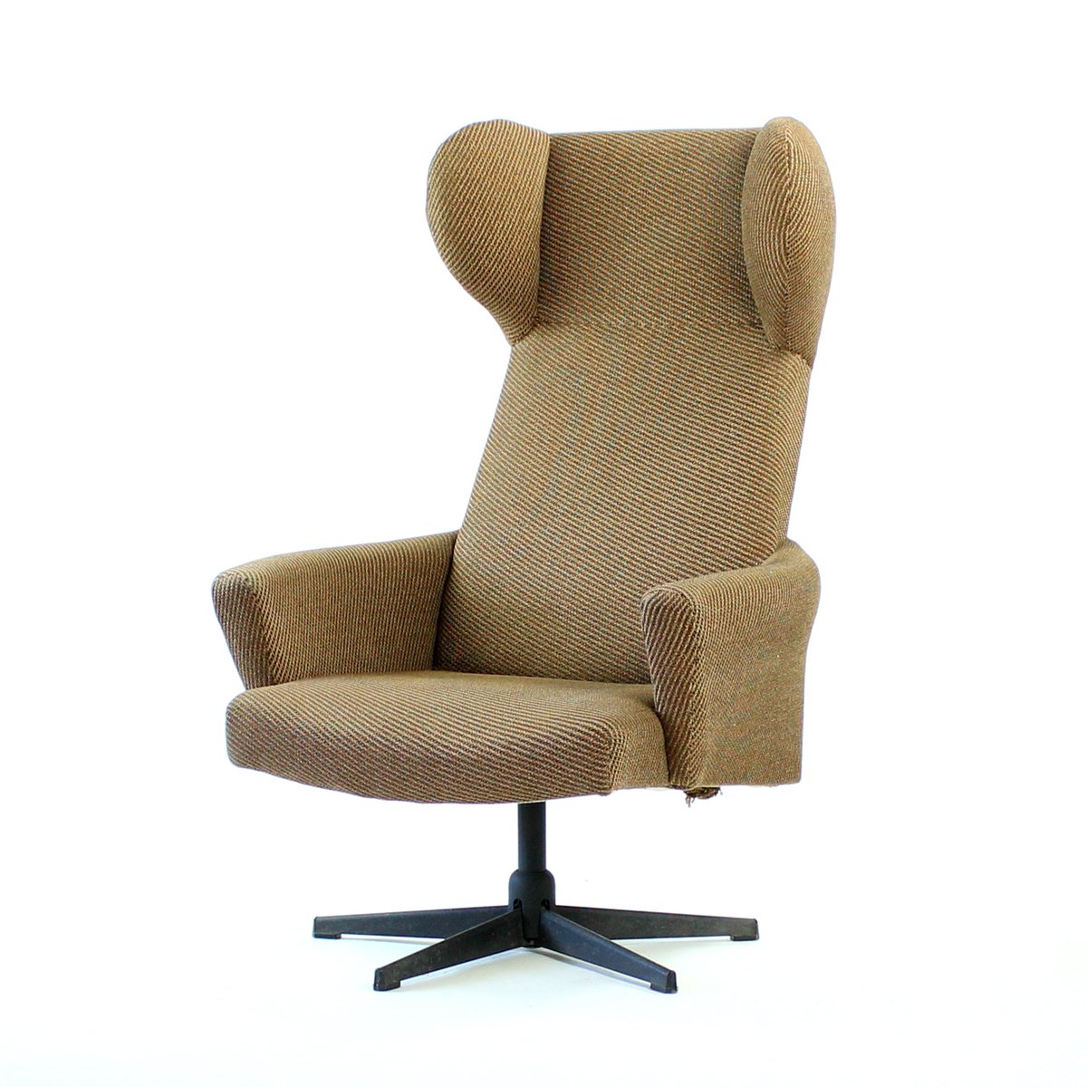 Czechoslovakian Swivel Wingback Chair in Brown Fabric ...