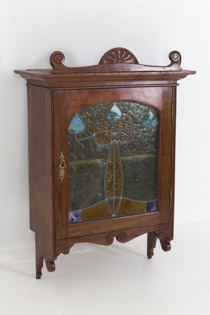 French Art Nouveau Walnut Wall with Stained Glass Door, 1900s