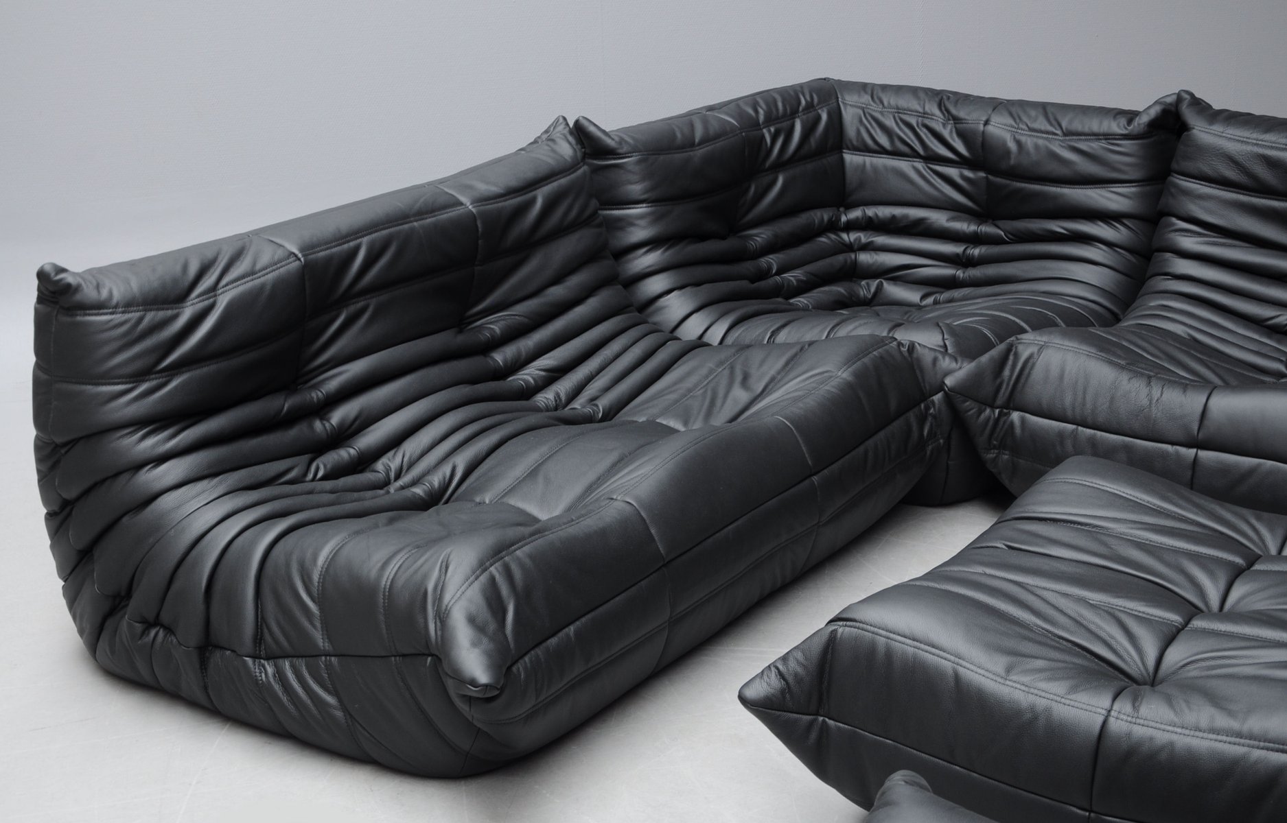 Vintage Black Leather Togo Sofa Set by Michel Ducaroy for Ligne