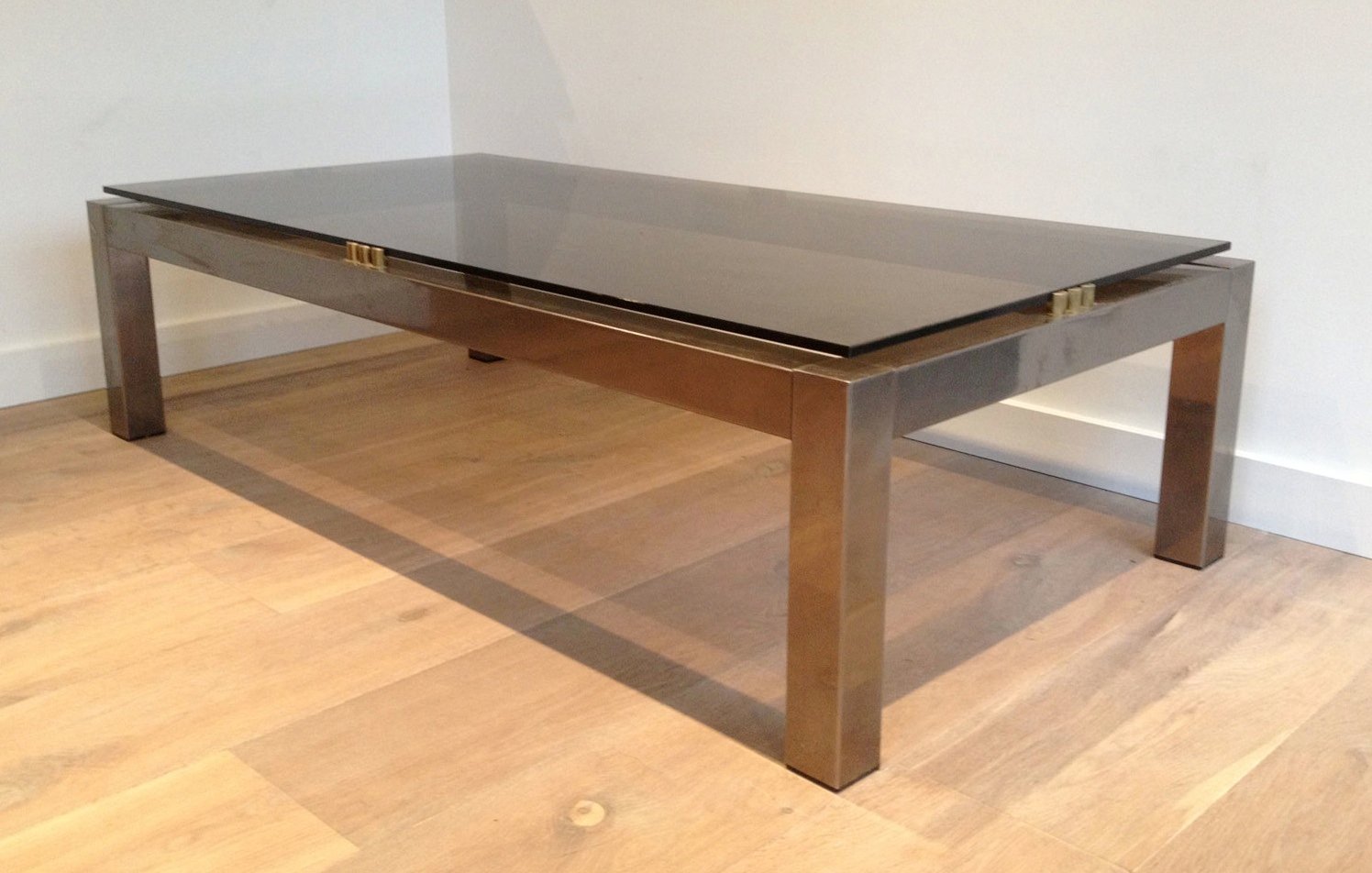 Large Postmodern Brushed Metal Coffee Table with Smoked ...
