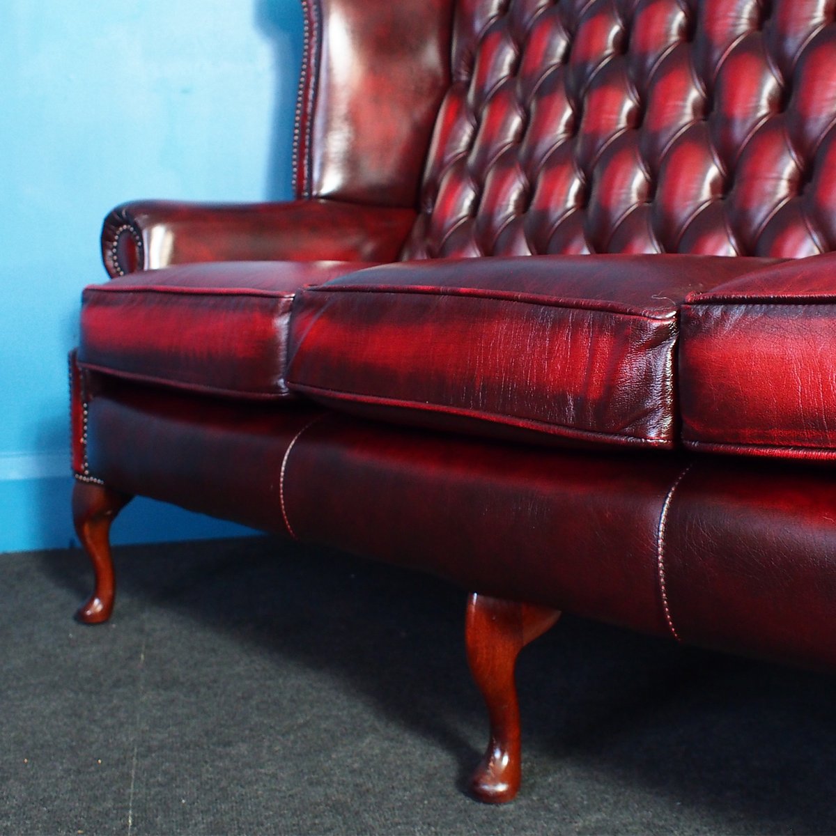 Vintage Oxblood Leather Wingback Chesterfield 3Seater Sofa for sale at